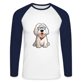 Vieux chien de berger anglais race de chien dessin animé à l’aquarelle - T-shirt baseball manches longues Homme - blanc/marine - Devant - Nik (191cm)