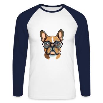 Bouledogue Français race chien aquarelle dessin animé Kawaii - T-shirt baseball manches longues Homme - blanc/marine - Devant - Nik (191cm)