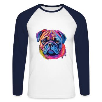 Mops Hund Rasse Aquarell Karikatur Kawaii Bunt - Unisex Baseballshirt langarm - Weiß/Navy - Vorne - Nik (191cm)