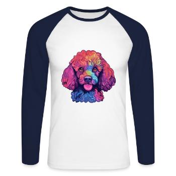 Jouet caniche chien race aquarelle dessin animé Kawaii Col - T-shirt baseball manches longues Homme - blanc/marine - Devant - Nik (191cm)