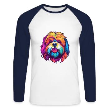 Lhassa Apso chien race aquarelle dessin animé Kawaii Col - T-shirt baseball manches longues Homme - blanc/marine - Devant - Nik (191cm)