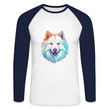 Samoyède chien race aquarelle dessin animé Kawaii Colorf - T-shirt baseball manches longues Homme - blanc/marine - Devant - Nik (191cm)