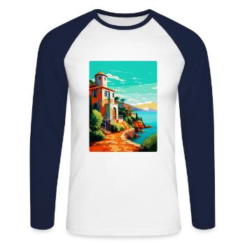 Costa Brava Spanien Vintage Reiseplakat Souvenir - Unisex Baseballshirt langarm - Weiß/Navy - Vorne - Nik (191cm)