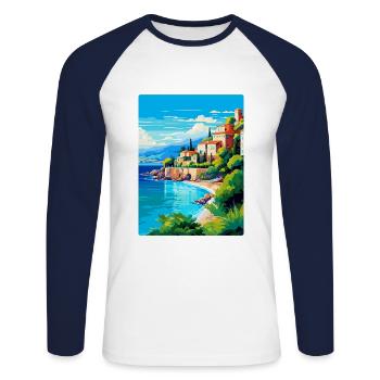 Côte d Azur Frankreich Vintage Reiseplakat Souvenir - Unisex Baseballshirt langarm - Weiß/Navy - Vorne - Nik (191cm)