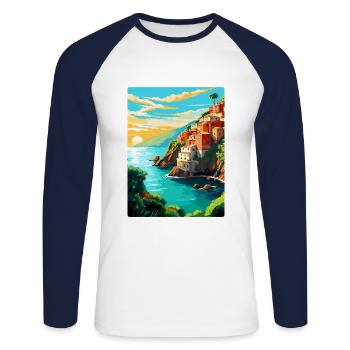 Cinque Terre Italien Vintage Reiseplakat Souvenir - Unisex Baseballshirt langarm - Weiß/Navy - Vorne - Nik (191cm)