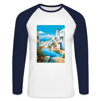 Paros Greece Vintage Travel Poster WPA Souvenir - Unisex Long Sleeve Baseball T-Shirt - white/navy - Front - Nik (191cm)