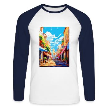 Perpignan Frankreich Vintage Reiseplakat Souvenir - Unisex Baseballshirt langarm - Weiß/Navy - Vorne - Nik (191cm)