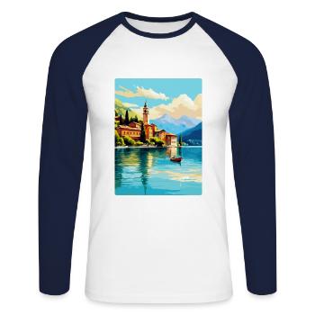 Lake Como Italy Vintage Travel Poster Souvenir WPA - Unisex Long Sleeve Baseball T-Shirt - white/navy - Front - Nik (191cm)