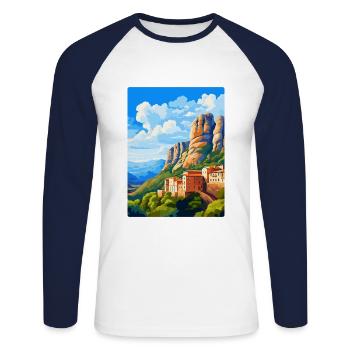 Montserrat Spain Vintage Travel Poster Souvenir - Unisex Long Sleeve Baseball T-Shirt - white/navy - Front - Nik (191cm)