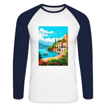 Mallorca Spanien Vintage Reiseplakat Souvenir WPA - Unisex Baseballshirt langarm - Weiß/Navy - Vorne - Nik (191cm)