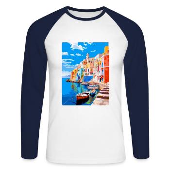 Ponza Italy Vintage Travel Poster WPA Art Souvenir - Unisex Long Sleeve Baseball T-Shirt - white/navy - Front - Nik (191cm)