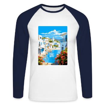 Paros Greece Vintage Travel Poster WPA Souvenir - Unisex Long Sleeve Baseball T-Shirt - white/navy - Front - Nik (191cm)
