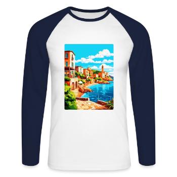 Costa Brava Spanien Vintage Reiseplakat Souvenir - Unisex Baseballshirt langarm - Weiß/Navy - Vorne - Nik (191cm)