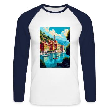 Portofino Italien Vintage Reiseplakat Souvenir WPA - Unisex Baseballshirt langarm - Weiß/Navy - Vorne - Nik (191cm)