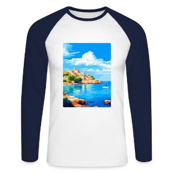 Balearen Spanien Vintage Reiseplakat WPA - Unisex Baseballshirt langarm - Weiß/Navy - Vorne - Nik (191cm)