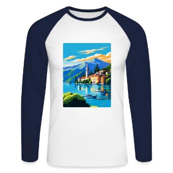 Lake Como Italy Vintage Travel Poster Souvenir WPA - Unisex Long Sleeve Baseball T-Shirt - white/navy - Front - Nik (191cm)