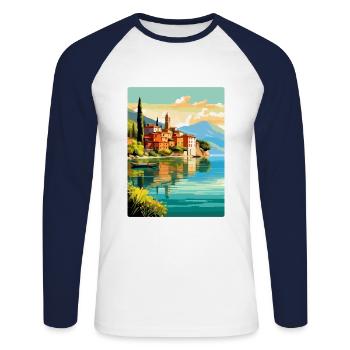 Lake Como Italy Vintage Travel Poster Souvenir WPA - Unisex Long Sleeve Baseball T-Shirt - white/navy - Front - Nik (191cm)