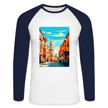 Pamplona Spanien Vintage Reiseplakat Souvenir WPA - Unisex Baseballshirt langarm - Weiß/Navy - Vorne - Nik (191cm)