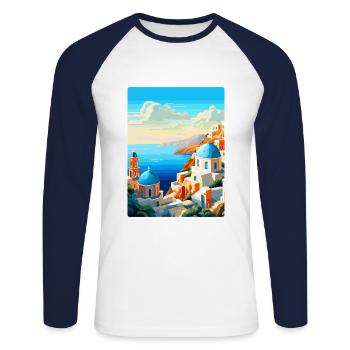 Santorin Grèce Affiche de voyage vintage souvenir - T-shirt baseball manches longues Homme - blanc/marine - Devant - Nik (191cm)