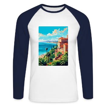 Côte d azur Frankreich Vintage Reiseplakat Souvenir - Unisex Baseballshirt langarm - Weiß/Navy - Vorne - Nik (191cm)