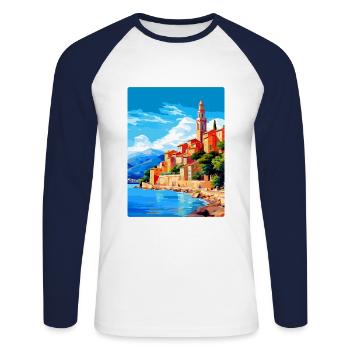 Menton France Affiche de voyage vintage WPA Souvenir - T-shirt baseball manches longues Homme - blanc/marine - Devant - Nik (191cm)