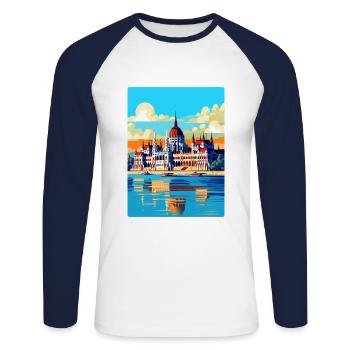 Budapest Ungarn Vintage Reiseplakat Souvenir - Unisex Baseballshirt langarm - Weiß/Navy - Vorne - Nik (191cm)