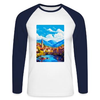Sarajevo Bosnie-Herzégovine Affiche de voyage vintage - T-shirt baseball manches longues Homme - blanc/marine - Devant - Nik (191cm)