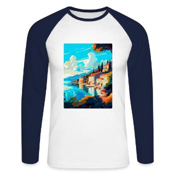 Bergen Norway Vintage Travel Poster WPA Souvenir - Unisex Long Sleeve Baseball T-Shirt - white/navy - Front - Nik (191cm)