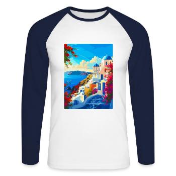 Santorini Griechenland Vintage Reiseplakat Souvenir - Unisex Baseballshirt langarm - Weiß/Navy - Vorne - Nik (191cm)