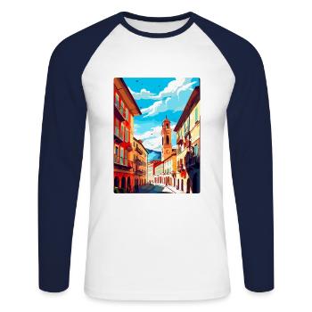 Pamplona Spanien Vintage Reiseplakat Souvenir WPA - Unisex Baseballshirt langarm - Weiß/Navy - Vorne - Nik (191cm)