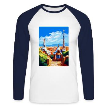 Barcelone Espagne Affiche de voyage vintage Souvenir WPA - T-shirt baseball manches longues Homme - blanc/marine - Devant - Nik (191cm)