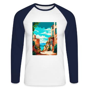 Mallorca Spanien Vintage Reiseplakat Souvenir WPA - Unisex Baseballshirt langarm - Weiß/Navy - Vorne - Nik (191cm)