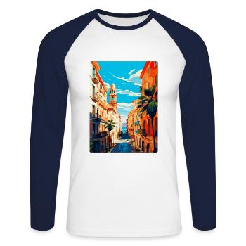 Barcelone Espagne Affiche de voyage vintage Souvenir WPA - T-shirt baseball manches longues Homme - blanc/marine - Devant - Nik (191cm)