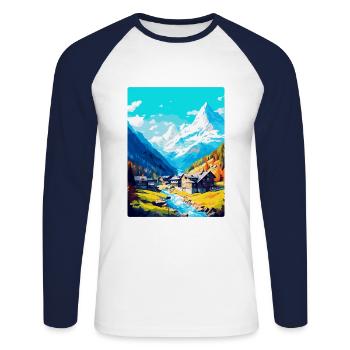 Saas Fee Schweiz Vintage Reiseplakat WPA Kunst - Unisex Baseballshirt langarm - Weiß/Navy - Vorne - Nik (191cm)