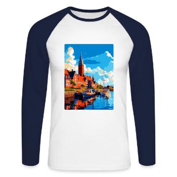 Halmstad Sweden Vintage Travel Poster Souvenir WPA - Unisex Long Sleeve Baseball T-Shirt - white/navy - Front - Nik (191cm)