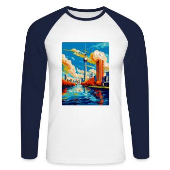Dusseldorf Germany Vintage Travel Poster Souvenir - Unisex Long Sleeve Baseball T-Shirt - white/navy - Front - Nik (191cm)