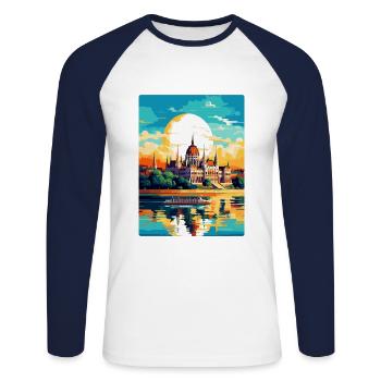 Budapest Ungarn Vintage Reiseplakat Souvenir - Unisex Baseballshirt langarm - Weiß/Navy - Vorne - Nik (191cm)