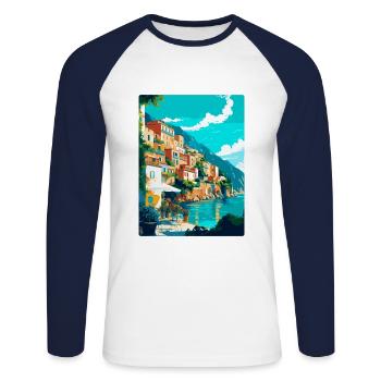 Capri Italien Vintage Reiseplakat WPA Kunst Souvenir - Unisex Baseballshirt langarm - Weiß/Navy - Vorne - Nik (191cm)