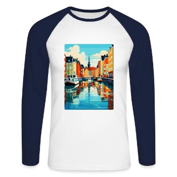 Copenhague, Danemark, Affiche de voyage vintage souvenir - T-shirt baseball manches longues Homme - blanc/marine - Devant - Nik (191cm)