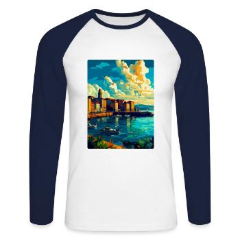 Une Corogne Espagne Affiche de voyage vintage Souvenir WPA - T-shirt baseball manches longues Homme - blanc/marine - Devant - Nik (191cm)