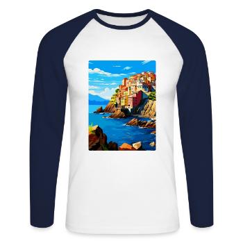 Cinque Terre Italien Vintage Reiseplakat Souvenir - Unisex Baseballshirt langarm - Weiß/Navy - Vorne - Nik (191cm)