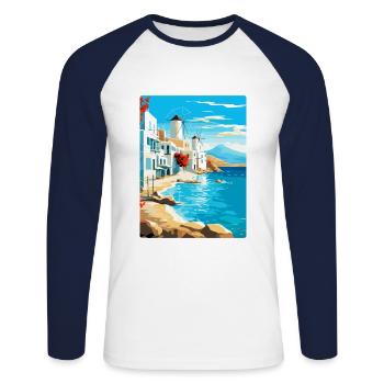 Mykonos Grèce Affiche de voyage vintage Souvenir WPA - T-shirt baseball manches longues Homme - blanc/marine - Devant - Nik (191cm)