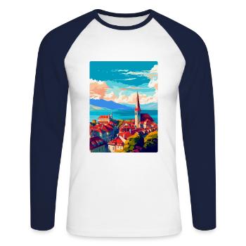 Lausanne Suisse Affiche de voyage vintage WPA Art - T-shirt baseball manches longues Homme - blanc/marine - Devant - Nik (191cm)