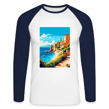 Costa Brava Spanien Vintage Reiseplakat Souvenir - Unisex Baseballshirt langarm - Weiß/Navy - Vorne - Nik (191cm)