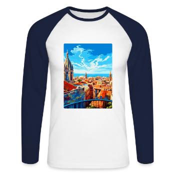Barcelone Espagne Affiche de voyage vintage Souvenir WPA - T-shirt baseball manches longues Homme - blanc/marine - Devant - Nik (191cm)