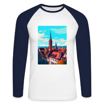 Freiburg Germany Vintage Travel Poster Souvenir - Unisex Long Sleeve Baseball T-Shirt - white/navy - Front - Nik (191cm)