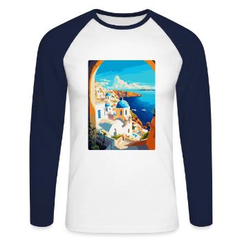 Santorin Grèce Affiche de voyage vintage souvenir - T-shirt baseball manches longues Homme - blanc/marine - Devant - Nik (191cm)