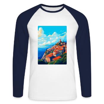 Eze France Vintage Travel Poster Souvenir Souvenir - Unisex Long Sleeve Baseball T-Shirt - white/navy - Front - Nik (191cm)