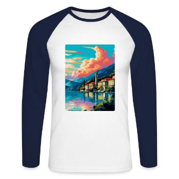 Lake Como Italy Vintage Travel Poster Souvenir WPA - Unisex Long Sleeve Baseball T-Shirt - white/navy - Front - Nik (191cm)