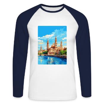 Saragosse Espagne Affiche de voyage vintage Souvenir WPA - T-shirt baseball manches longues Homme - blanc/marine - Devant - Nik (191cm)